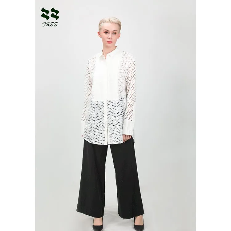 White Cotton Long Sleeve Blouse With Embroidery